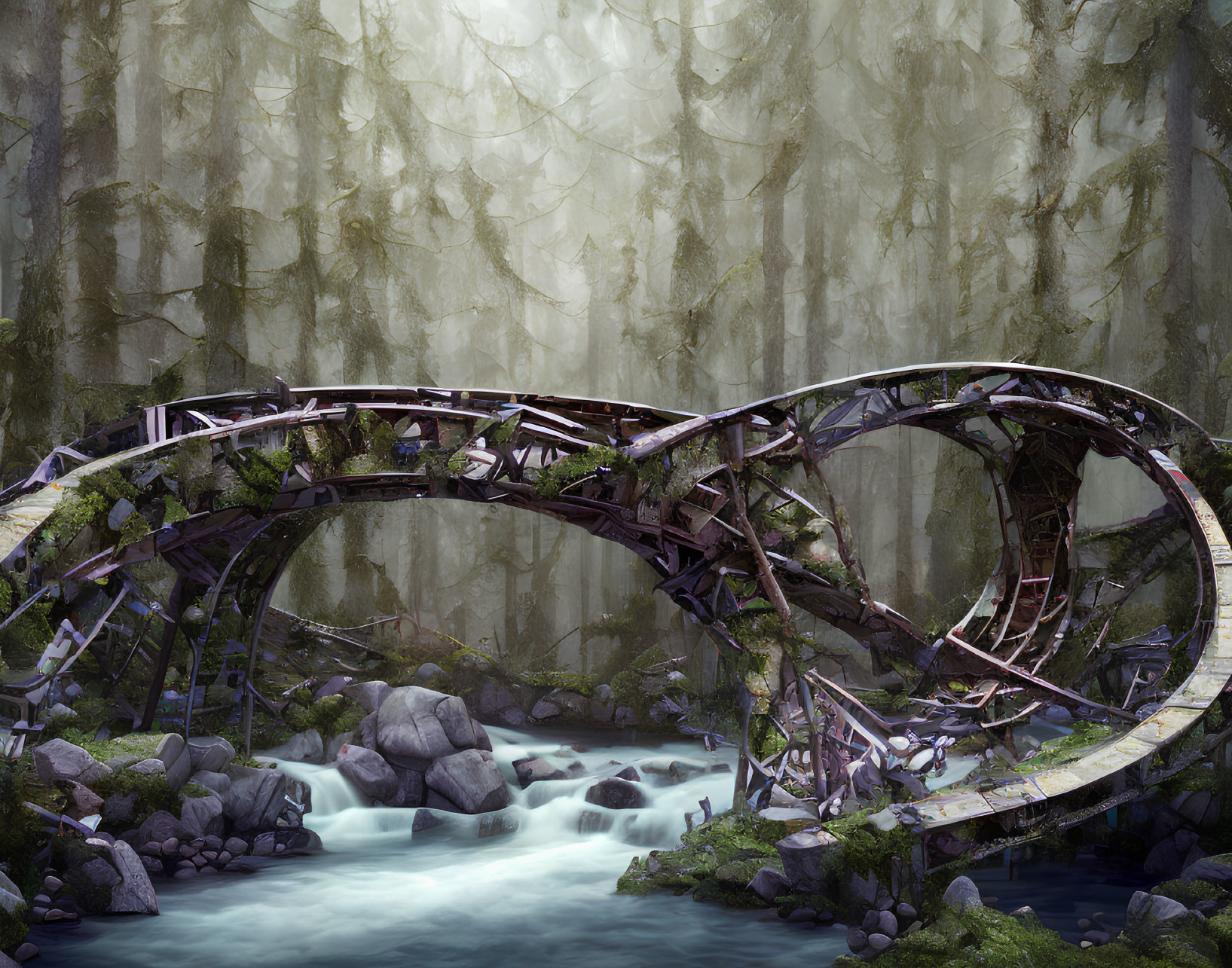 Twisted wooden bridge over serene stream in misty forest