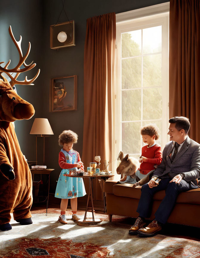 Person in Moose Costume, Kids Playing, Man on Couch in Cozy Room