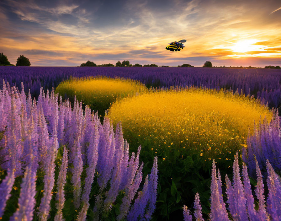 Colorful sunset over purple and yellow flower field with bumblebee in flight