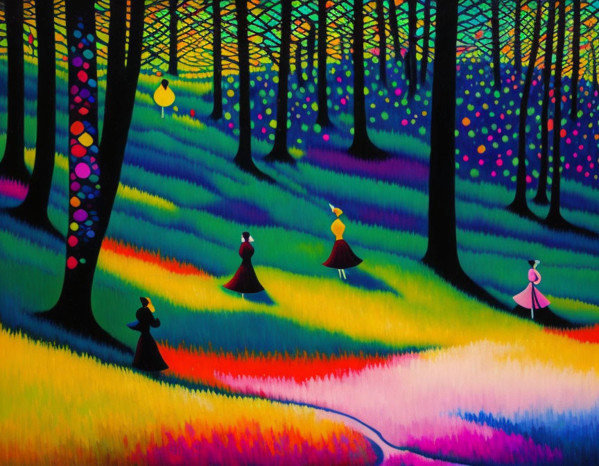 Colorful Forest Painting with Silhouettes of Figures and Dotted Trees