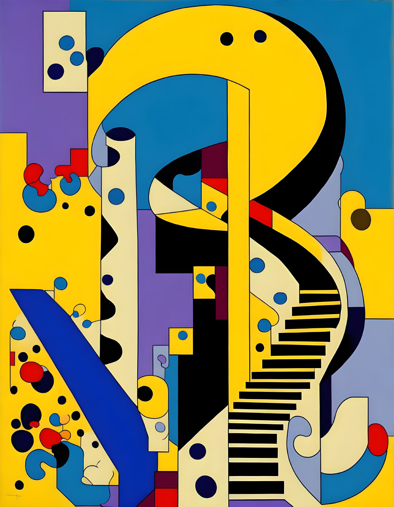 Vibrant abstract painting: bold primary colors, swirling staircase motif