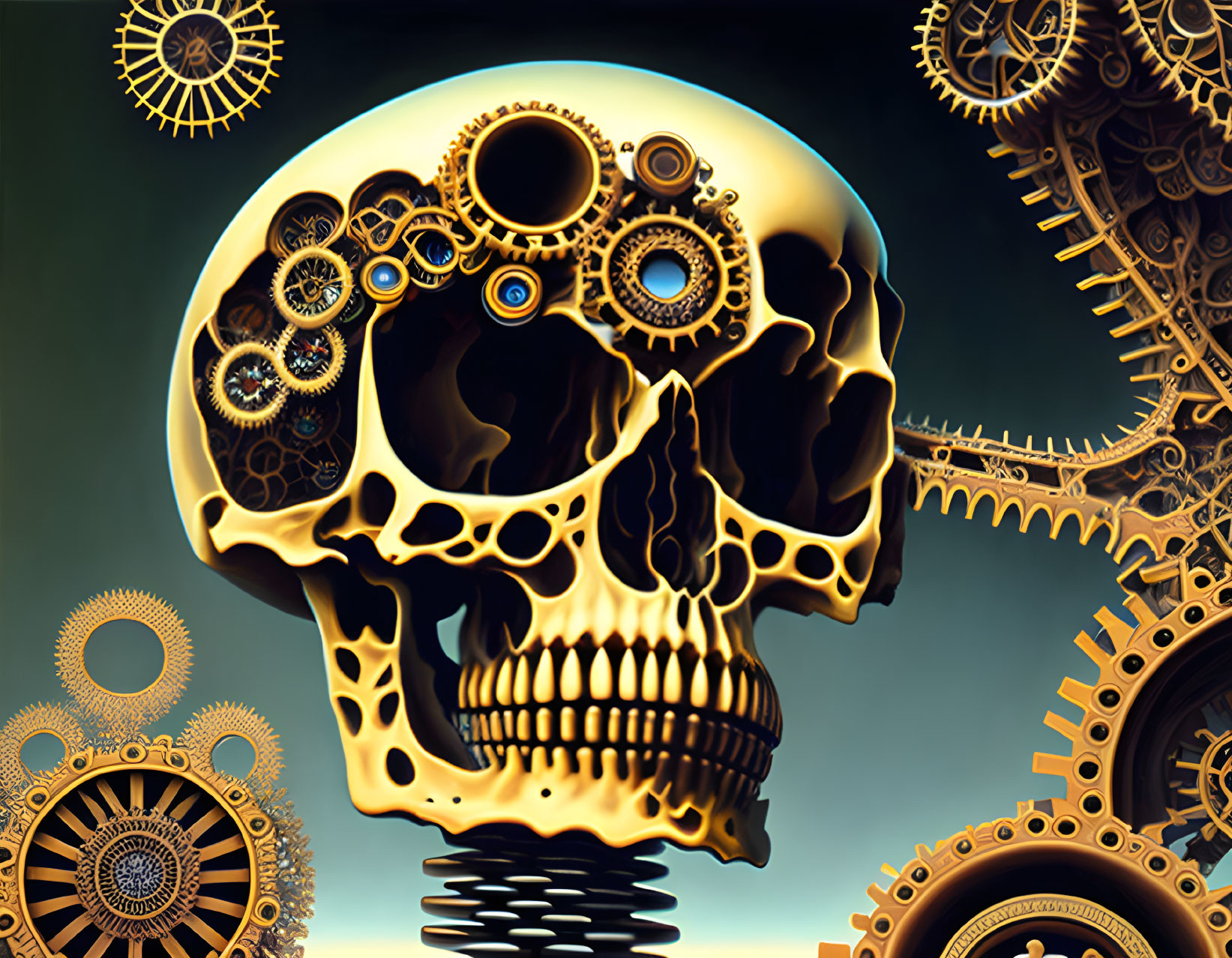 Steampunk-style skull with gears and cogs on mechanical backdrop in gold and bronze tones