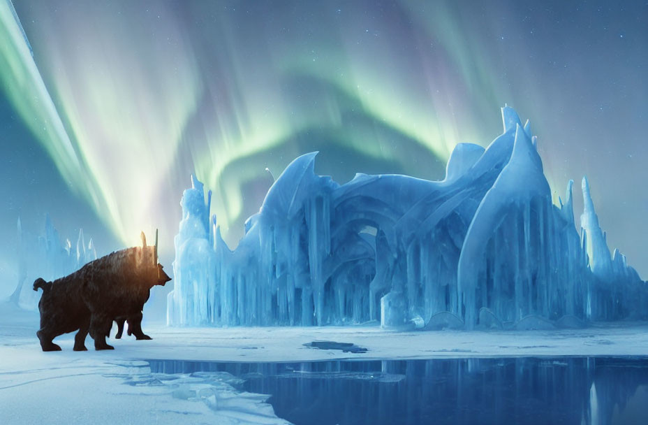 Prehistoric woolly mammoth in front of ice castle under Northern Lights