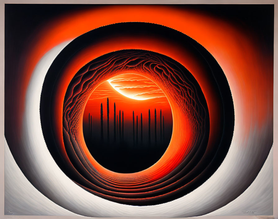 Concentric Black to Orange Circular Artwork: Sunset Over Silhouetted Pillars