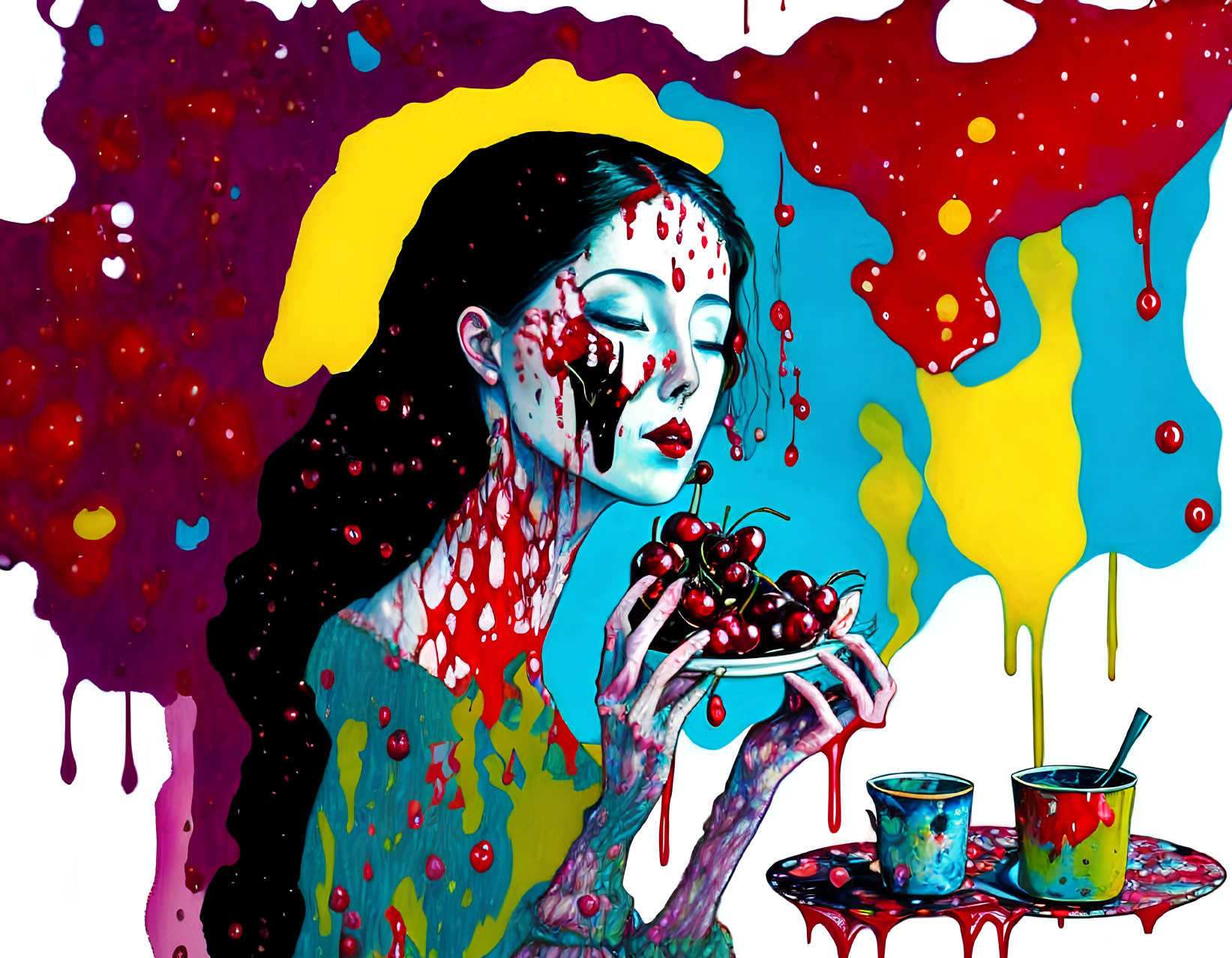 Colorful artwork of woman with paint drips holding cherries