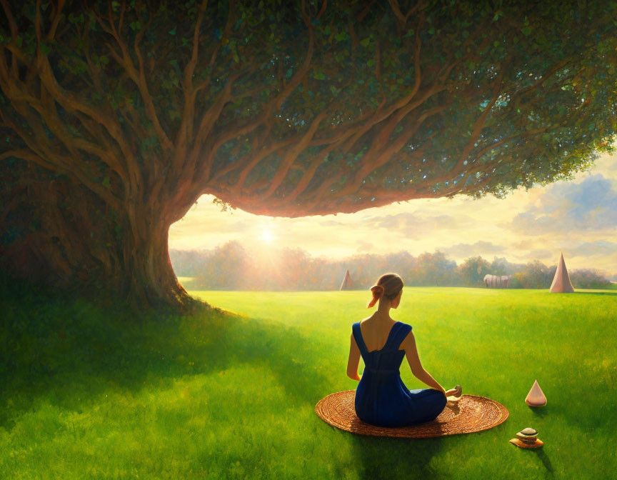 Woman in Blue Dress Sitting Under Tree at Sunset