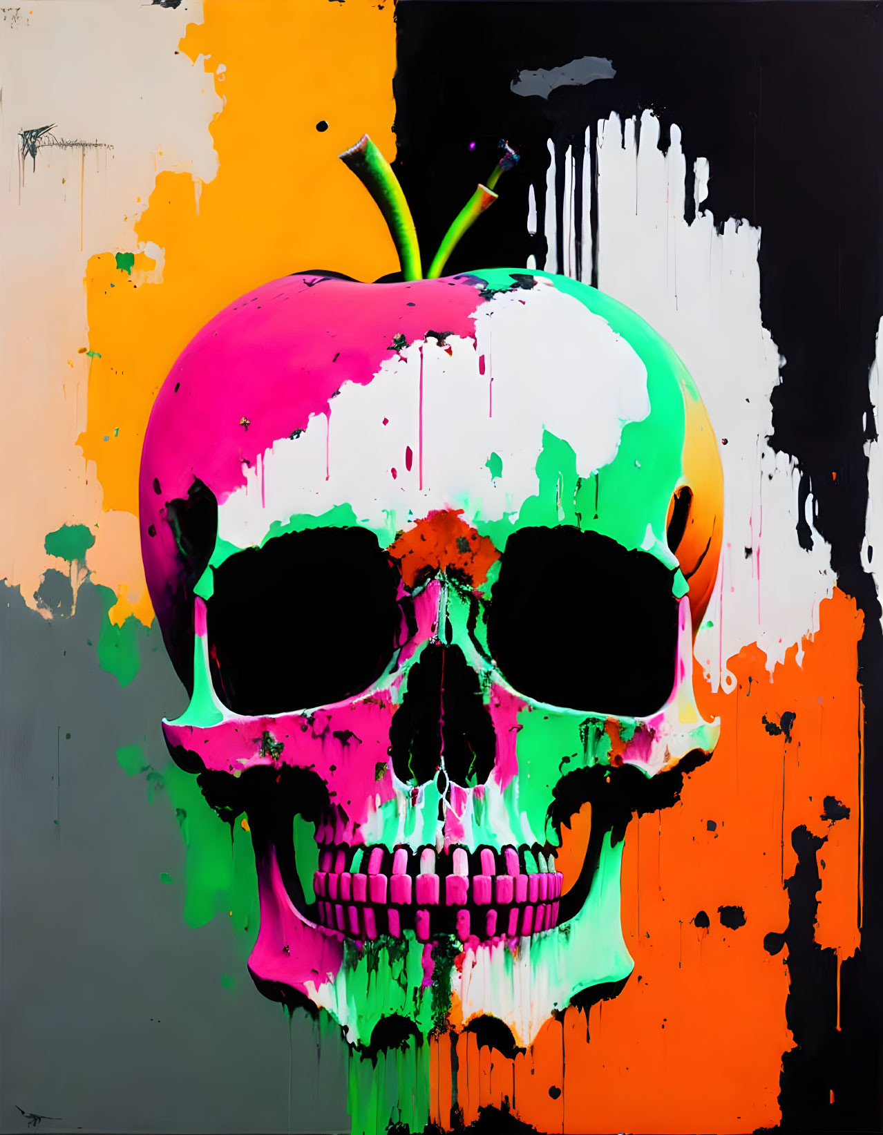 Colorful Neon Skull Art with Paint Drips and Apple on Dark Background