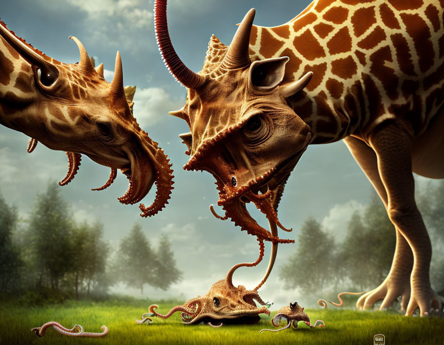 Digitally altered image of giraffes with triceratops-like heads in grassy landscape