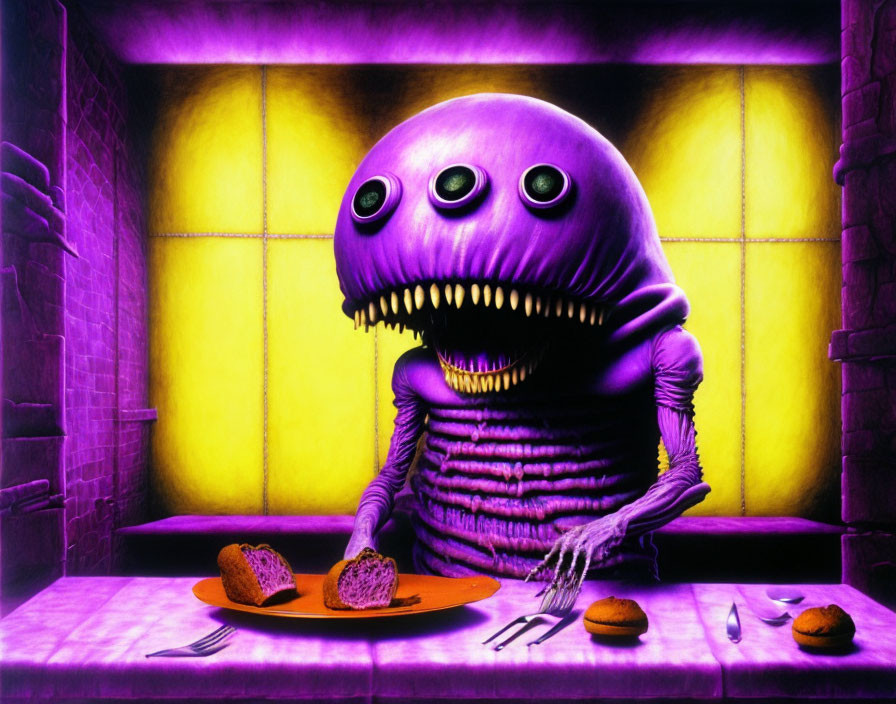 Purple Three-Eyed Creature with Sharp Teeth Eating Bread and Cookies in Purple Room