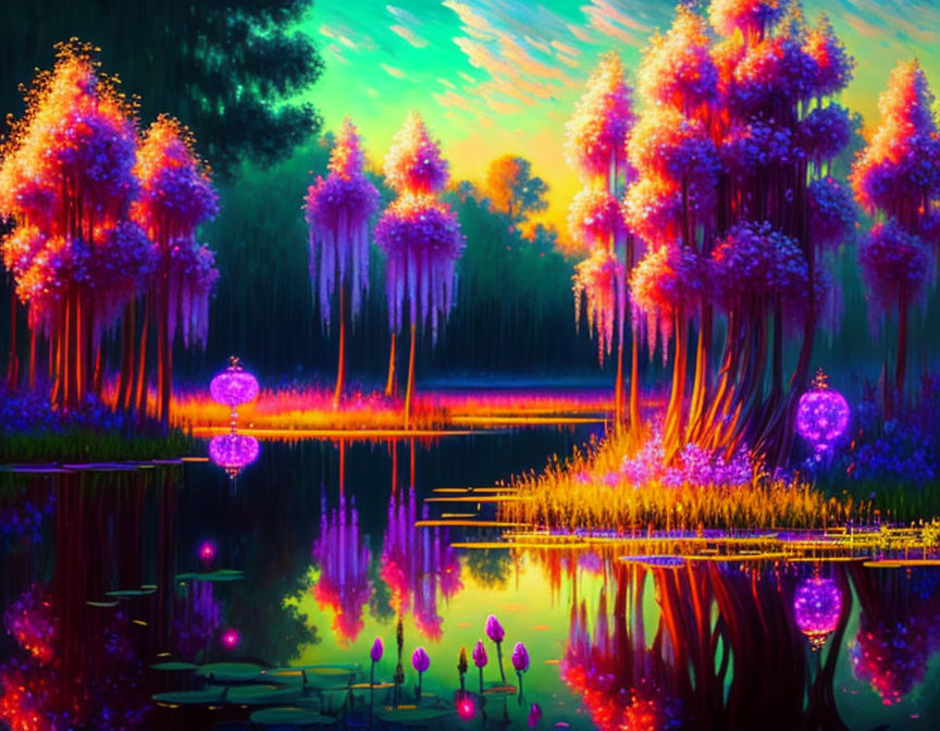 Colorful Fantasy Landscape with Luminescent Trees and Glowing Orbs