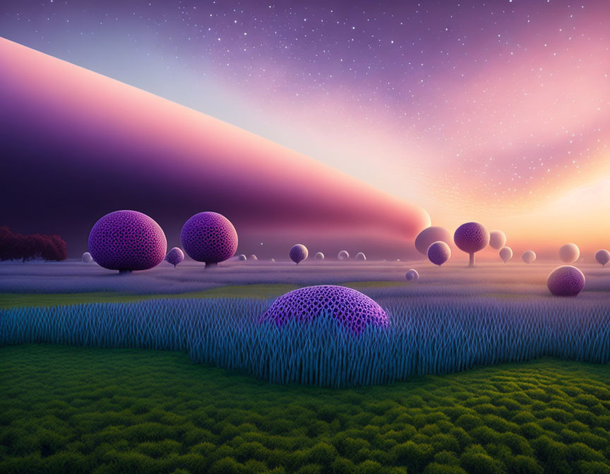 Surreal landscape featuring purple grid spheres, grass, twilight sky, stars, and slanted horizon