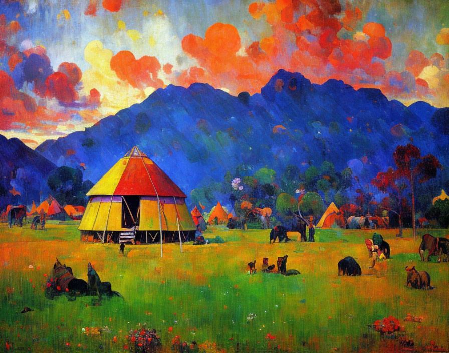 Colorful Rural Landscape Painting with Tents, Cattle, Greenery, and Red Clouds