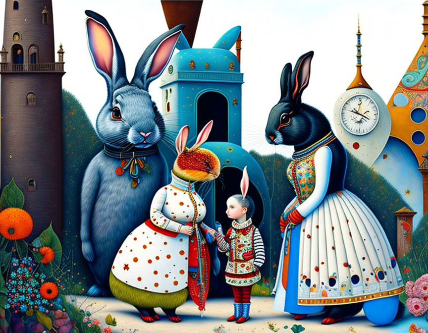 Colorful Anthropomorphic Rabbits in Regal Attire with Castle Backdrop