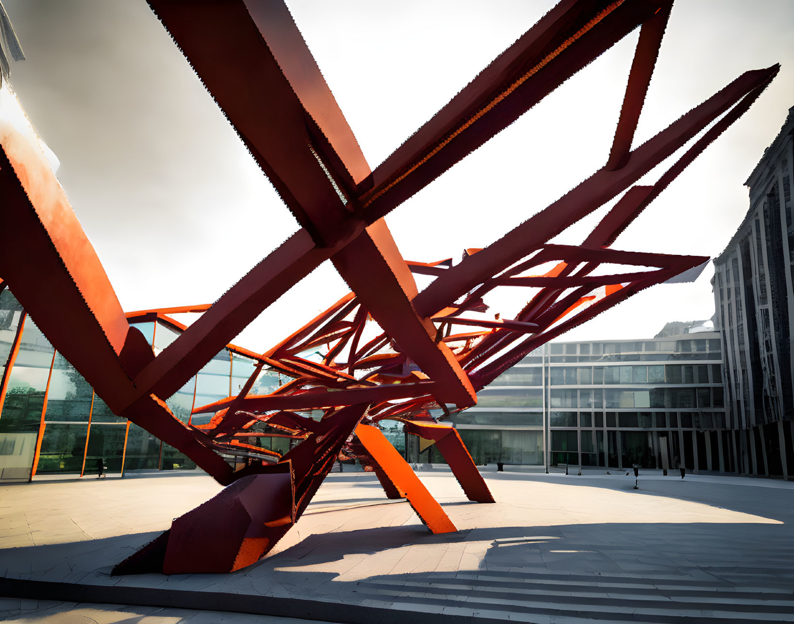 Large Red Angular Sculpture Dominates Plaza Skyline