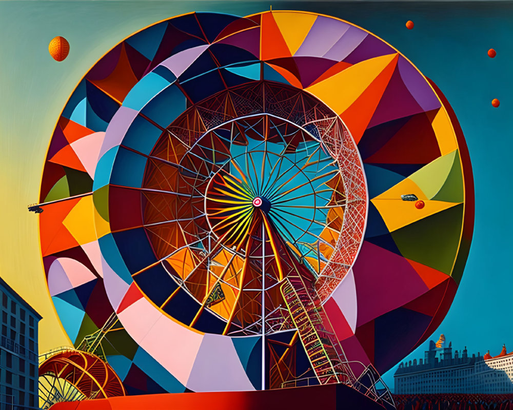 Colorful Geometric Painting: Ferris Wheel, Buildings, Flying Cars