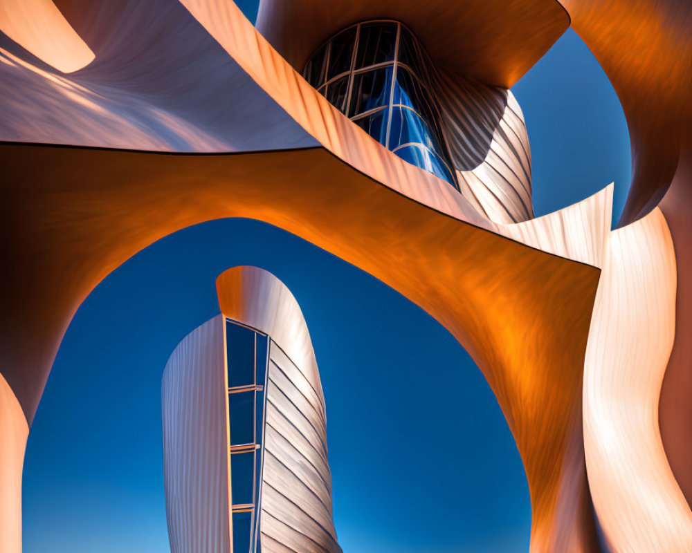 Abstract Futuristic Building with Orange Walls and Silver Oval Structure on Blue Sky