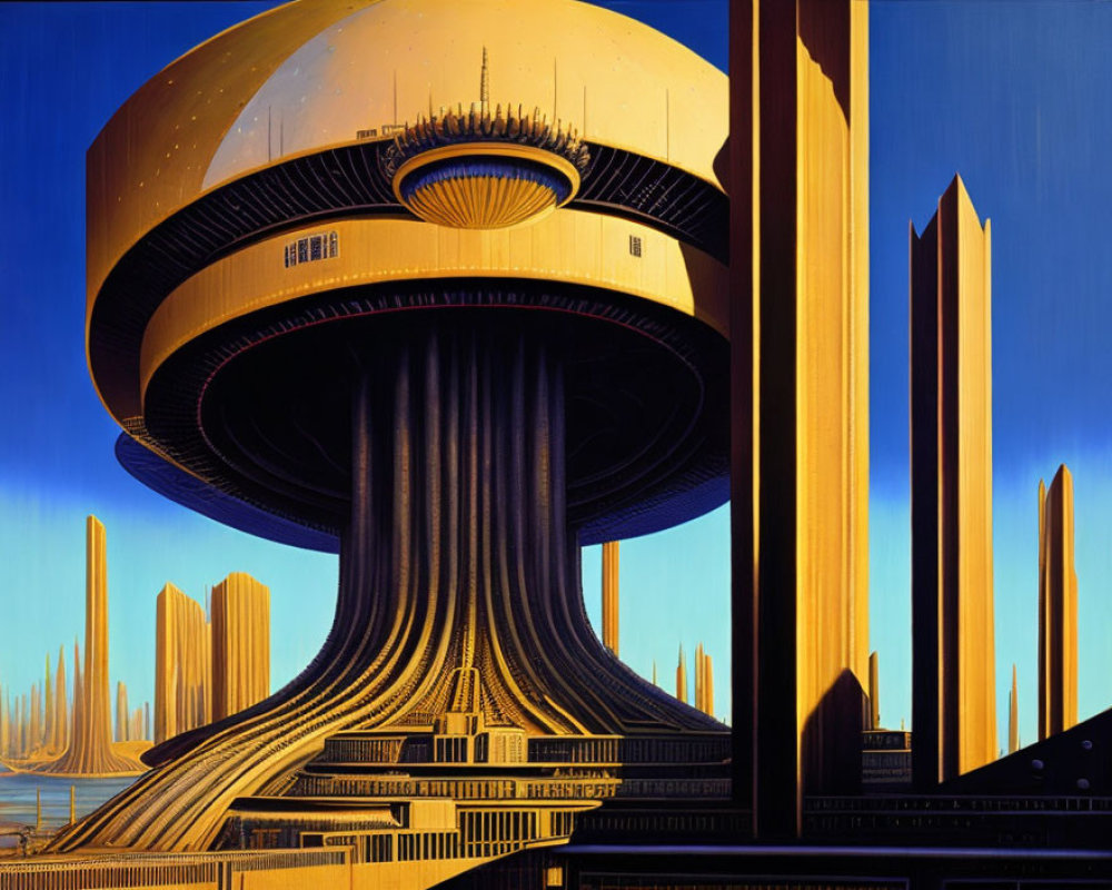 Futuristic cityscape with towering skyscrapers and saucer-like building