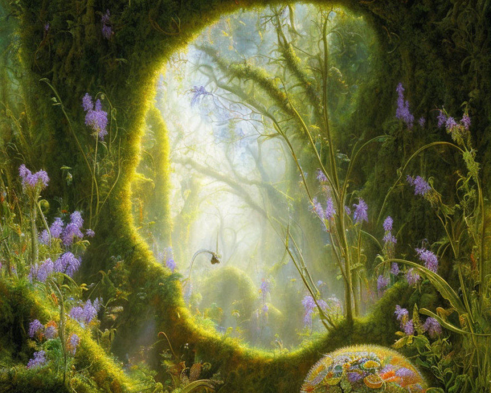 Mystical enchanted forest with sunlight, purple flowers, and moss-covered branches