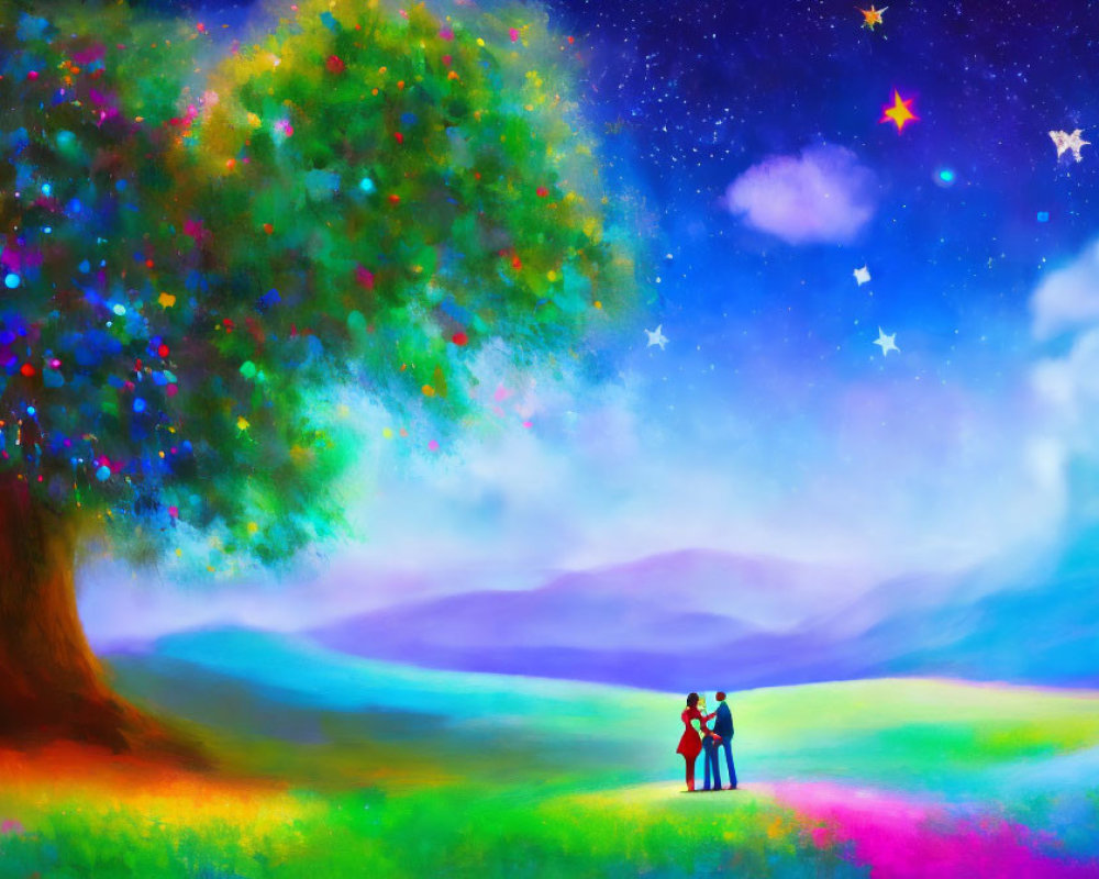 Colorful painting of two people embracing under starry sky by colorful tree