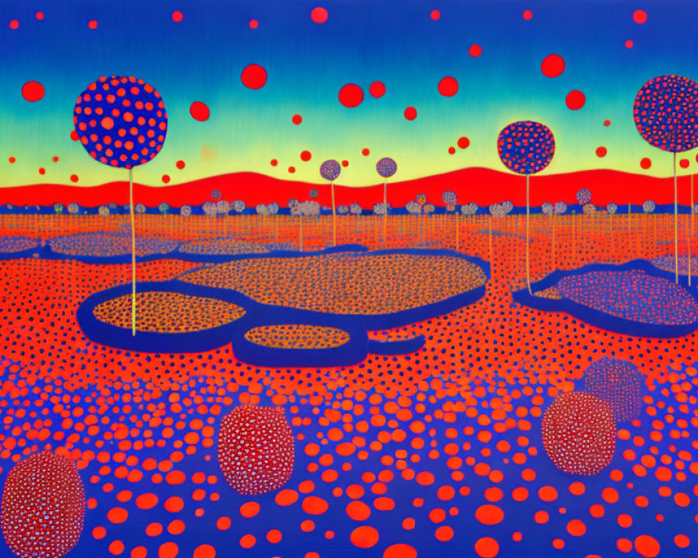 Colorful Abstract Landscape Painting with Dotted Patterns in Red, Blue, and Orange