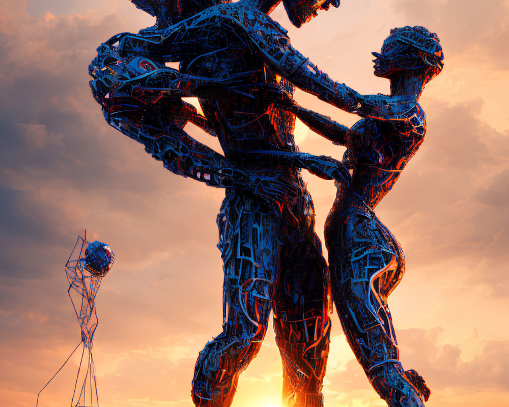 Metal humanoid sculptures embrace at sunset with lone figure nearby