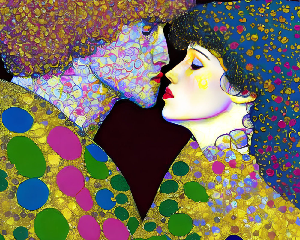 Vibrant digital art: stylized couple in intricate patterns