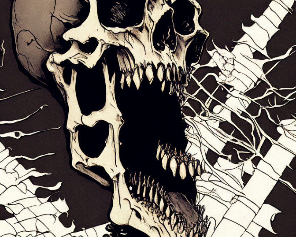 Detailed humanoid skeleton illustration with oversized skull on dark background.