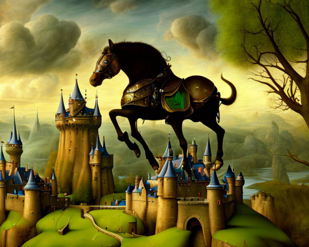 Armored horse in medieval landscape with castles and dramatic sky