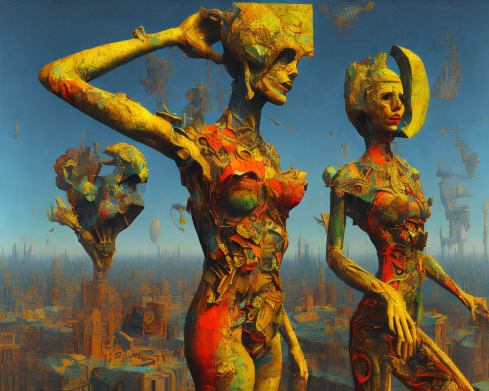 Abstract humanoid figures against dystopian cityscape.