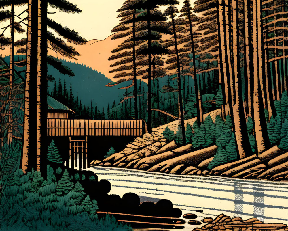 Serene forest scene with tall pine trees, wooden bridge, and sunset/sunrise