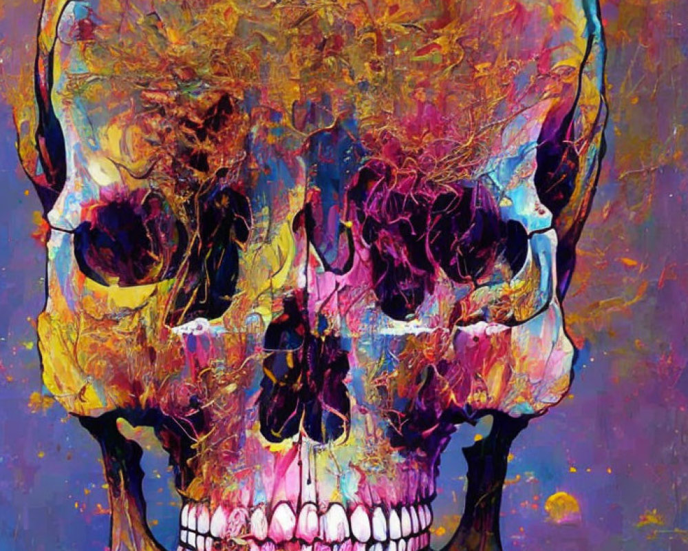 Colorful Skull Artwork with Intricate Textures in Purple, Yellow, and Blue