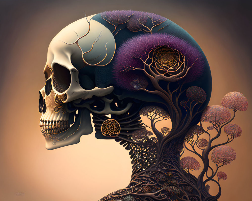 Skull Illustration with Tree and Coral Elements