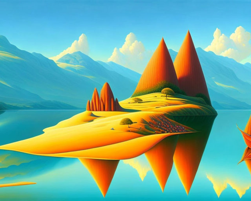 Surreal landscape with floating islands, calm lake, mountains, and ship with red sails