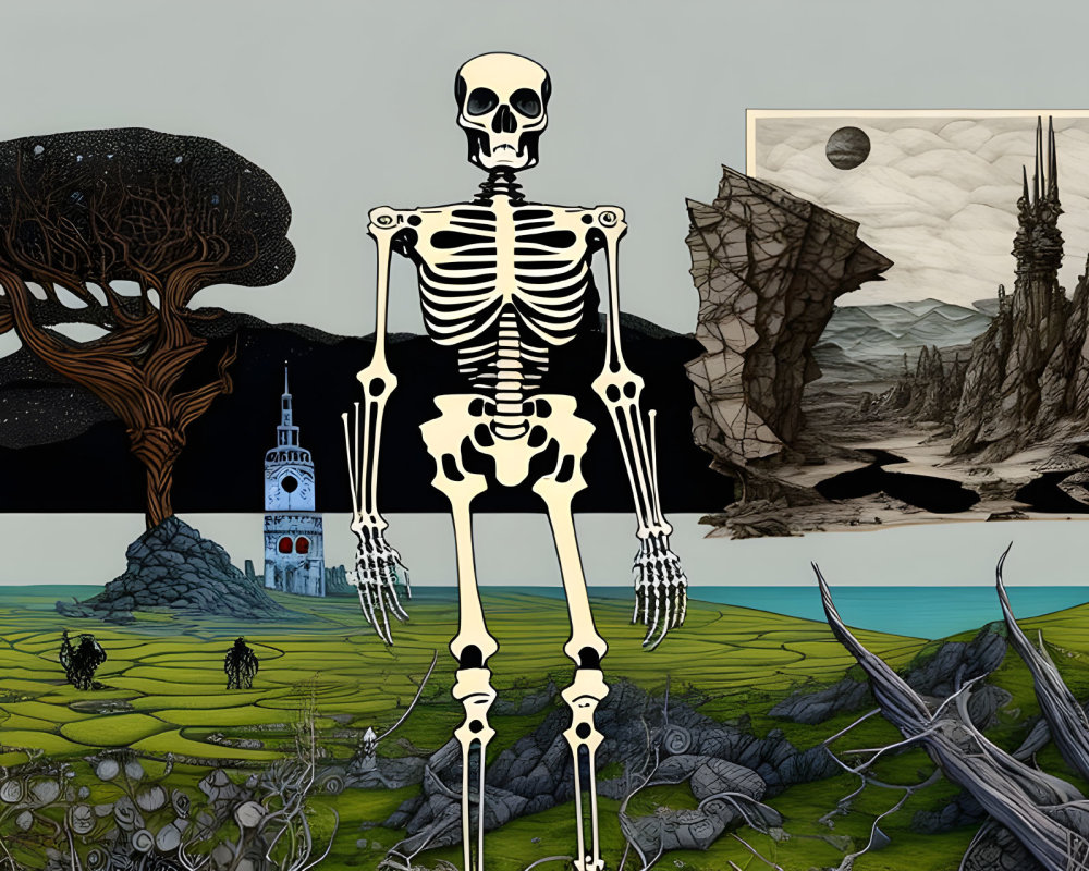 Various Art Styles: Human Skeleton, Whimsical Tree, Landscape, Pen-and-Ink Cliff