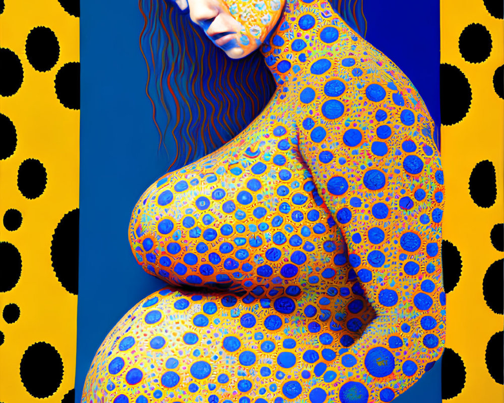 Vibrant digital artwork: pregnant woman with blue skin and orange patterns on blue and yellow backdrop