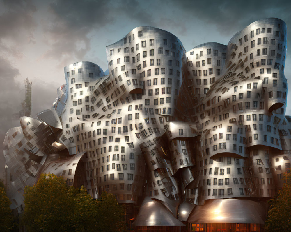 Modern silver futuristic buildings in cityscape under dramatic sky