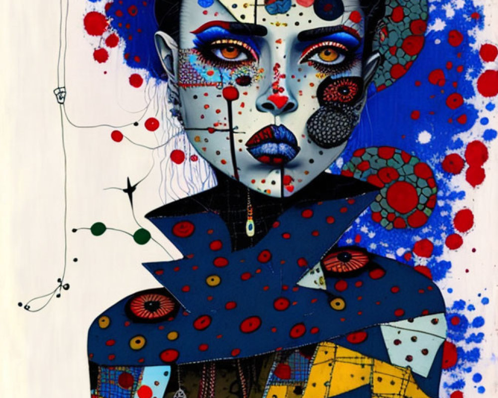 Vibrant portrait of woman with patterned skin and geometric clothing