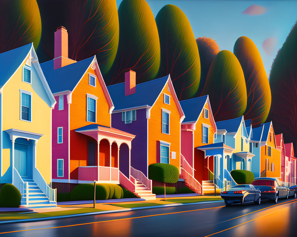 Vibrant suburban street scene with colorful houses, lush trees, and classic car at sunset