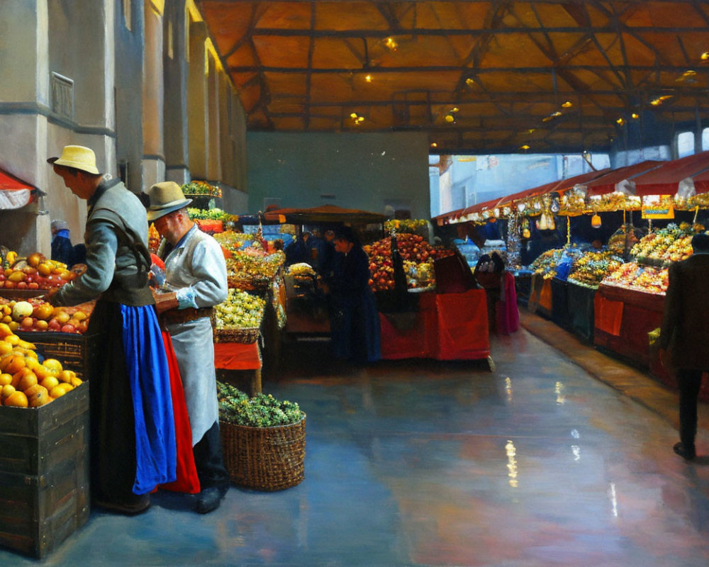 Vibrant indoor market scene with shoppers and colorful produce.