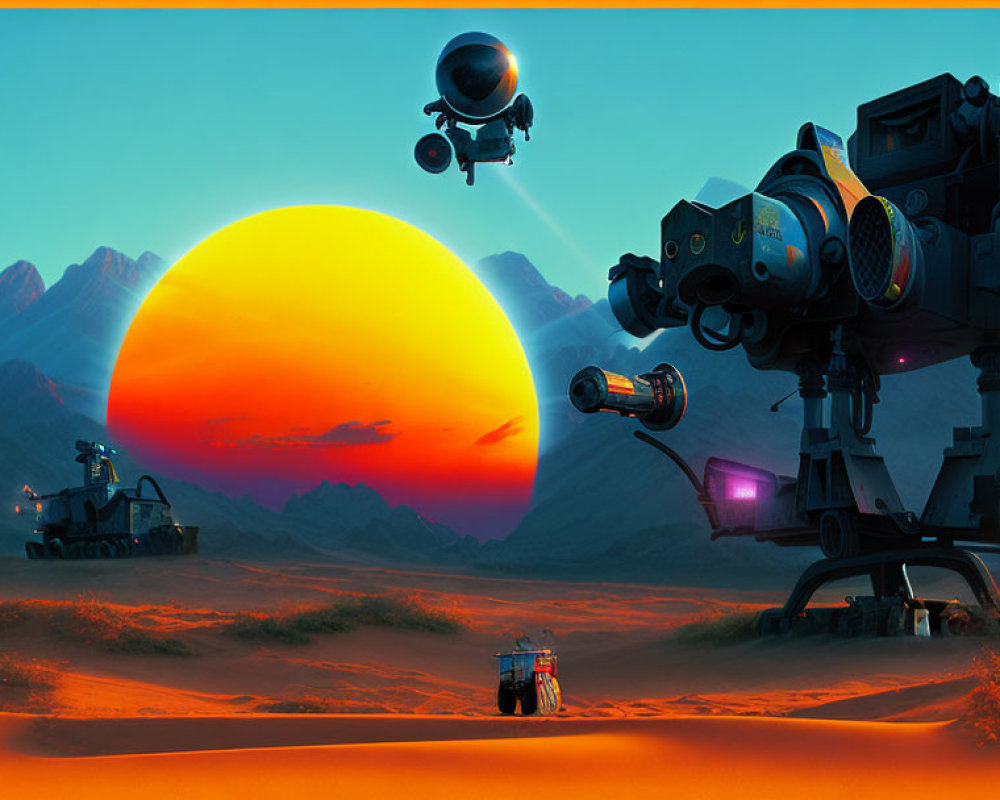 Futuristic robots watching vivid desert sunset