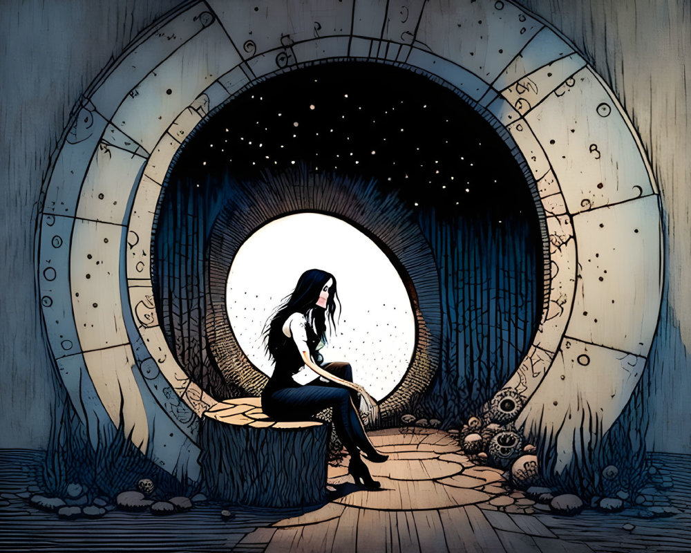 Woman sitting in circular wooden tunnel under starry sky