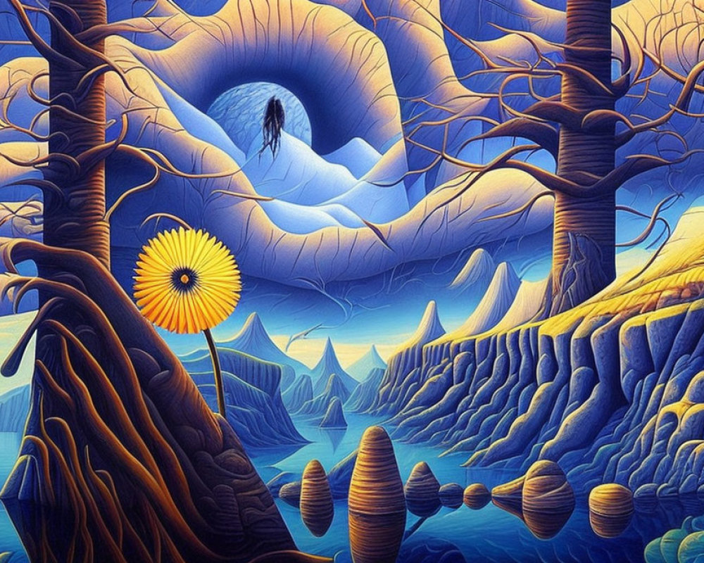 Surreal landscape with vibrant blue hues and eye-like cave figure