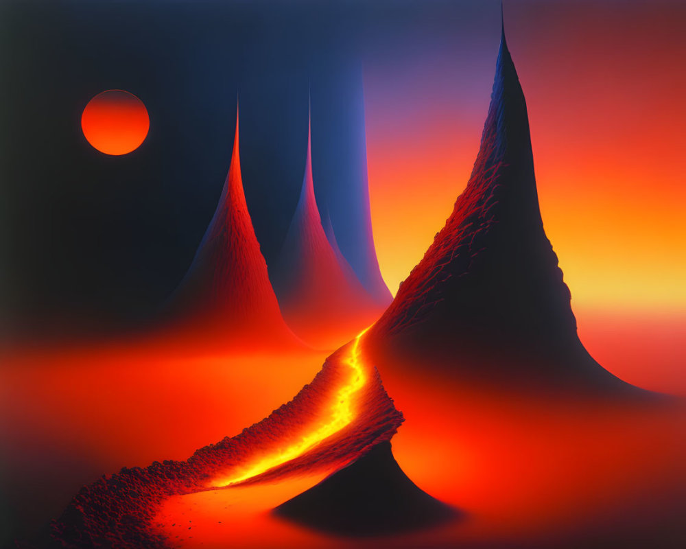 Surreal fiery landscape with lava flows and red sun