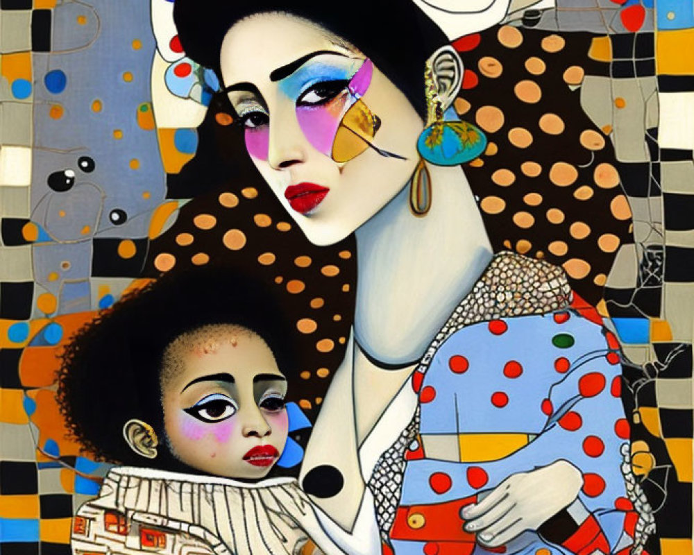 Colorful painting of woman and child with expressive eyes against geometric backdrop