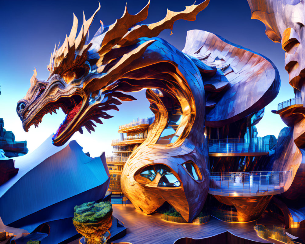 Metallic dragon sculpture in futuristic architecture at twilight