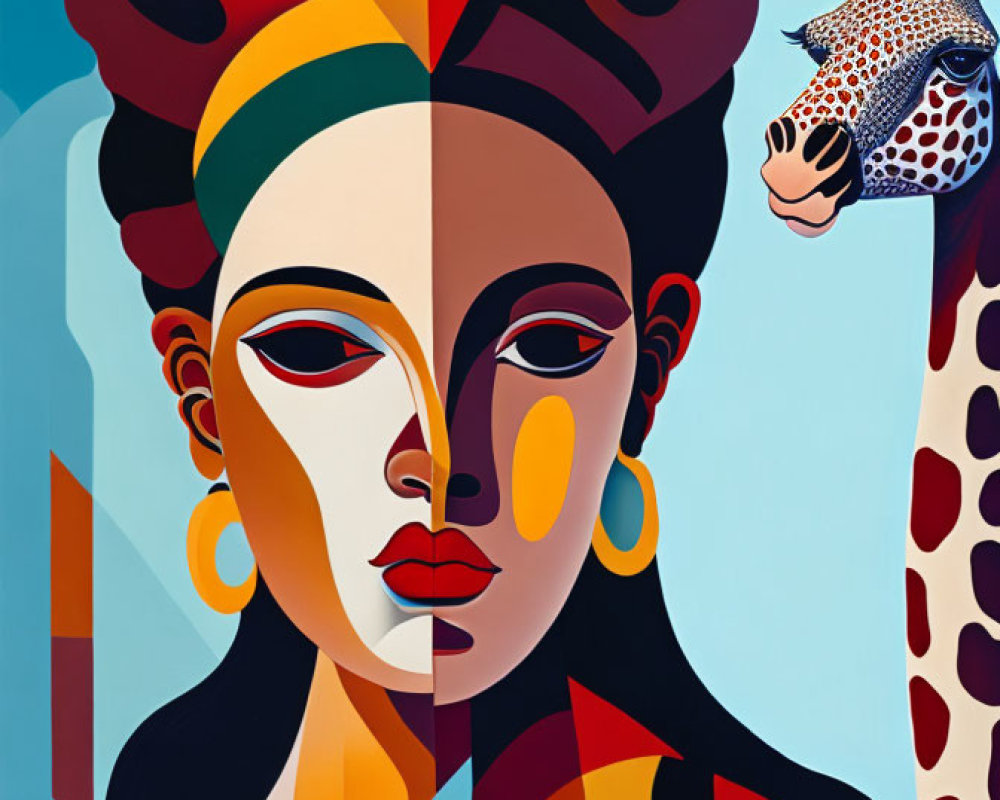 Vibrant portrait of a woman with geometric face patterns and giraffe.