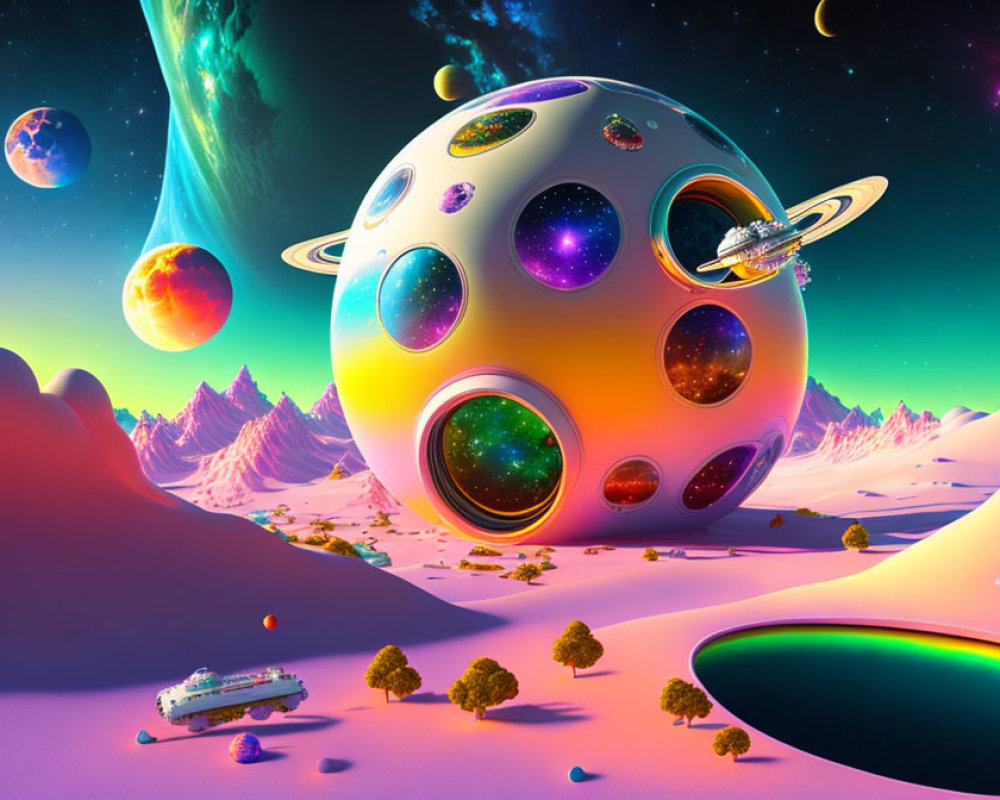 Vibrant sci-fi landscape with spherical structure and cosmic portals