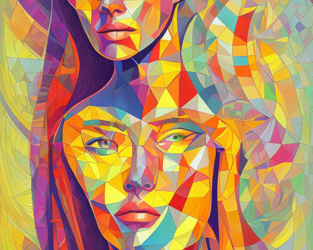 Vibrant geometric portrait of overlapping female faces with warm tones and sun motif