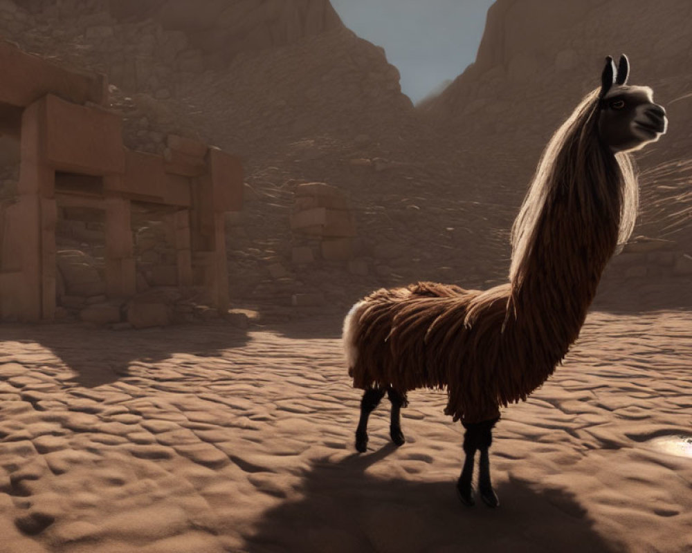 Llama in sandy terrain with ancient stone structures and rock formations.