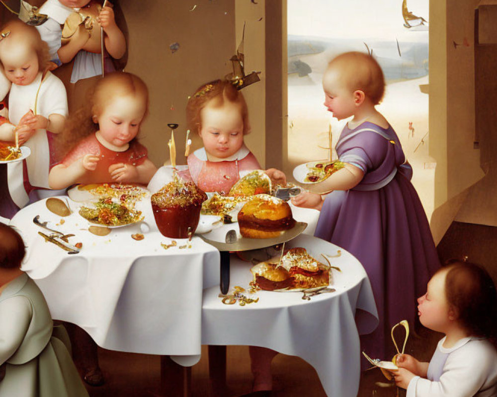 Chaotic feast with children and soap bubbles in surreal outdoor setting